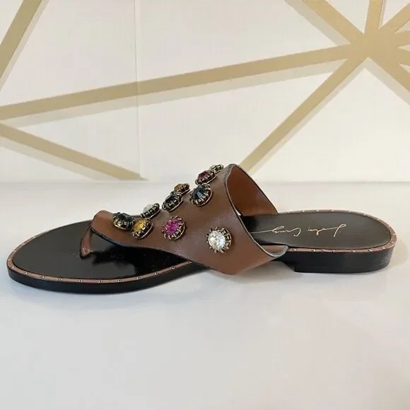 Lola Cruz Embellished Jeweled Brown Leather Flip Flops Sandals Size EU 37 US 7 - Picture 11 of 11
